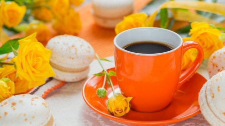 Enjoy! - morning, coffee, cookie, rose, cup, orange, sweet, macaron, flower