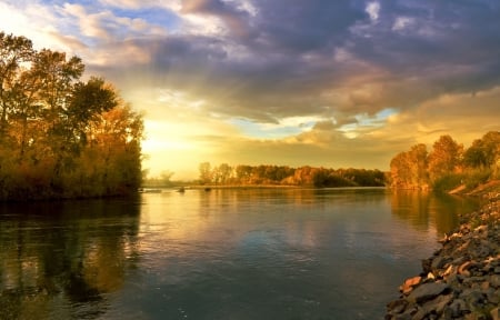 Golden September - autumn, sunset, landscape, river