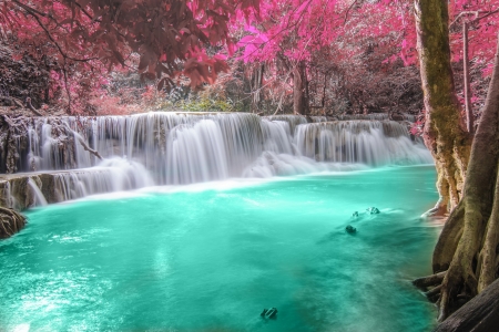 Autumn waterfall - Trees, River, Forest, Emerald