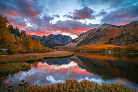 Sunset on the High Sierras, California - usa, sunset, autumn, lake, mountains, reflection