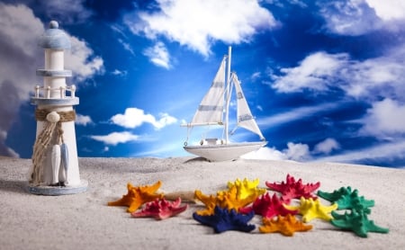 Summer Beach - summer, sand, flowers, sea, sailboat, light house