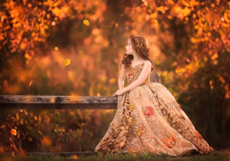 Little Girl - Dress, Girl, Autumn, Leaves