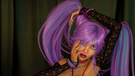 Girl - face, rendering, purple, fantasy, black, hand, hair, girl