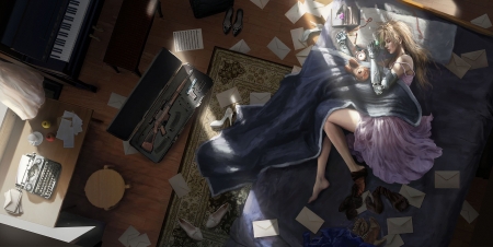 Violet Evergarden - stuff, violet evergarden, girl, room, frumusete, fantasy, sleep, anime, manga