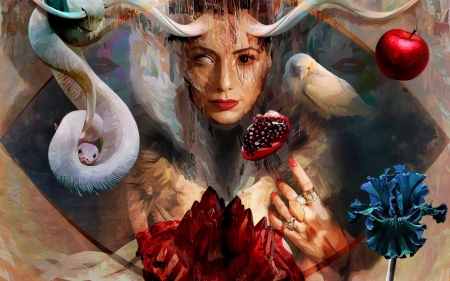 Demoness - rose, fantasy, pasare, white, art, luminos, bufnita, owl, apple, demon, girl, horns, bird, fruit, blue, snake, red, flower, poppy