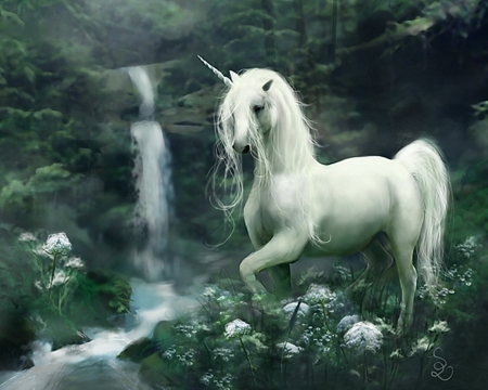 Unicorn - fantasy, white, water, waterfall, unicorn