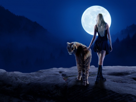 Moonlight stroll - moon, blue, girl, blonde, night, tiger, fantasy, white, tigru, luminos, luna