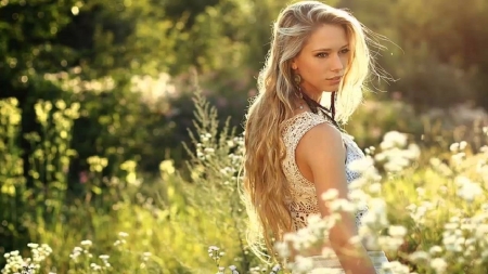 Lauren York and the Wild Flowers - white, wild flowers, trees, lace dress, daisies, grass, blonde