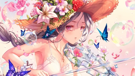 :-) - hat, anime, blue, violin, girl, flower, manga, red, butterfly