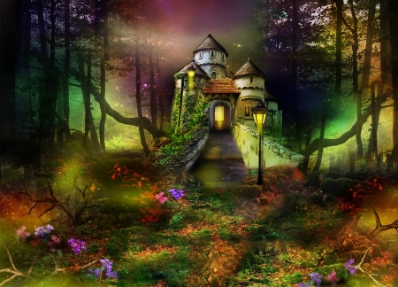 Fairy Castle - forest, castle, trees, night, art