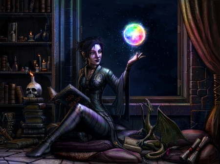 :-) - moon, girl, magical, night, fantasy, mag, witch, sorceress, dragon, luna