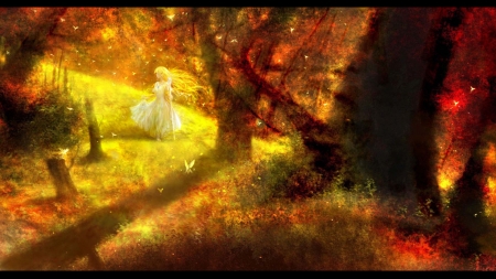 Autumn light - yellow, girl, blonde, orange, tree, fantasy, toamna, autumn, luminos