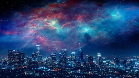 :-) - fantasy, blue, red, cloud, city, luminos, sky