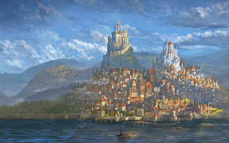 :-) - fantasy, water, blue, boat, sea, city, castle