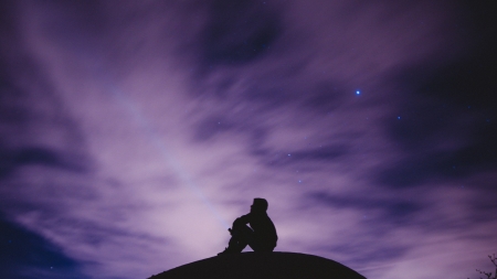 Loneliness - sky, silhouette, stars, cloud, pink, man, black