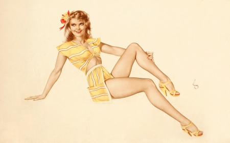 Pin-up girl - yellow, girl, flower, art, pin up, alberto vargas