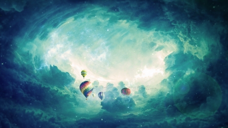 :-) - hot air balloon, berli mike, fantasy, blue, cloud, luminos, sky