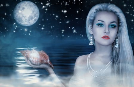 OCEAN MERMAID - moon, sky, ocean, stars, mermaid, night, sea shell