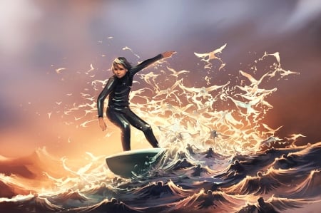 Surfing - art, surf, water, waves, birds, guy