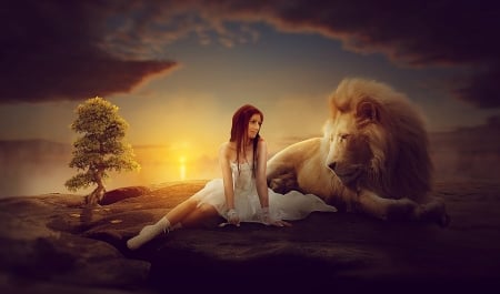 Lionfriend - girl, lion, evening, sun