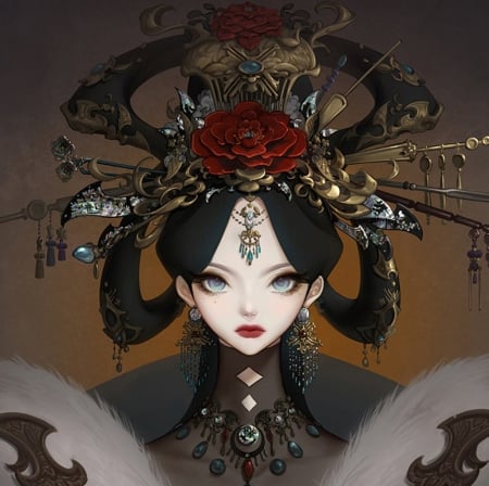 Queena - frumusete, fantasy, queen, dadachyo, face, flower, asian, luminos