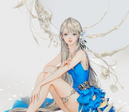 Girl - frumusete, fantasy, blue, dress, dadachyo, girl, flower, luminos