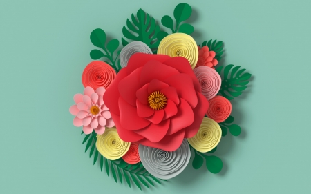 Flowers - yellow, red, green, paper, card, texture, flower