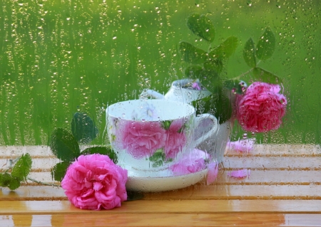 Still Life - flowers, roses, raindrops, blossoms, porcelain, cup