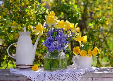 Floral Decoration - table, can, flowers, garden, spring