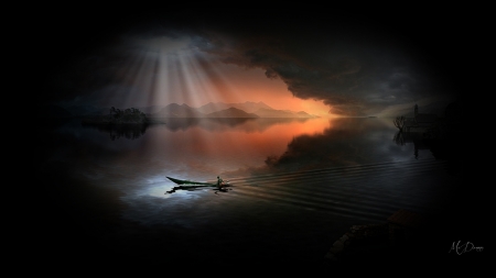 Motor Boat Sunset - clouds, horizon, Firefox theme, collage, moon light, row boat, lake, mountains, sky