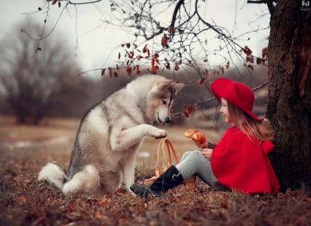 Little Girl - autumn, hat, loaf, girl, dog, basket