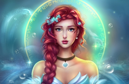 Princess Ariel - summer, ariel, blue, tinytruc, bubble, frumusete, fantasy, siren, redhead, mermaid, princess, face, vara, luminos