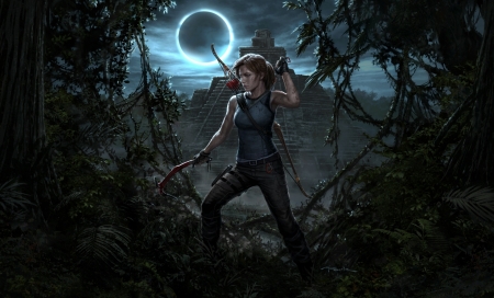 Lara Croft - moon, girl, pyramid, luna, fantasy, lara croft