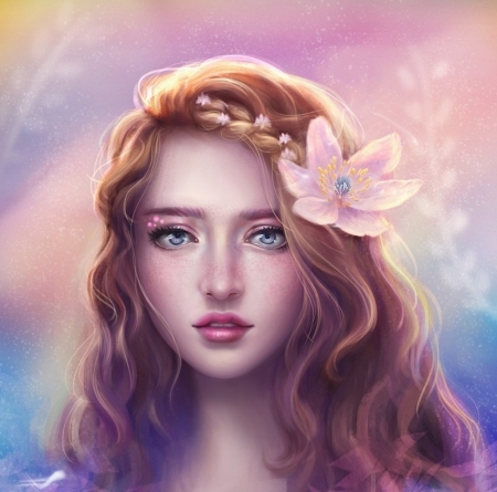 Spring princess - frumusete, fantasy, spring, face, tinytruc, luminos, pink, blue, flower