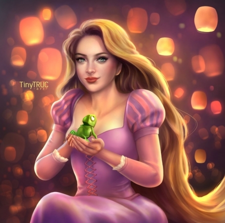 Rapunzel - princess, girl, rapunzel, frumusete, fantasy, tinytruc, lantern, hand, luminos, pink, blonde