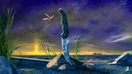 Knife - yellow, blue, rock, fantasy, sunset, knife, case hardened, libelula, art, luminos, dragonfly