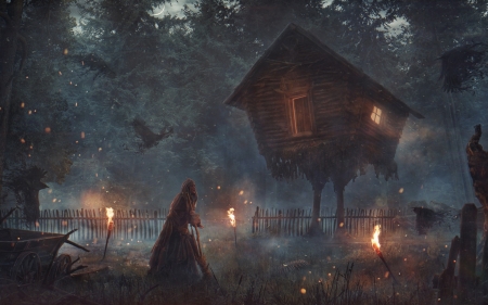 Hut on chicken legs - baba yaga, fantasy, hut on chicken legs, night, light, dark, luminos