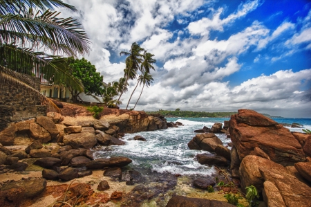 Shri Lanka - storm, palms, Shri Lanka, beautiful, sea, island, ocean, waves, exotic, sky, rocks