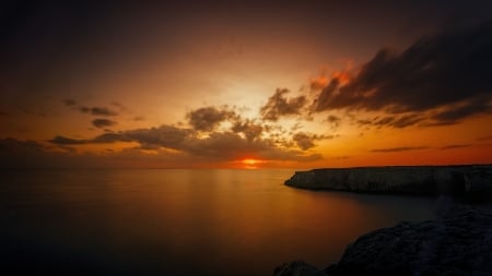 Sunset - calm, clouds, beach, orange, sunsets, dark, nature, 4K, dusk