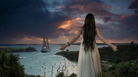 Waiting - cloud, summer, boat, ship, girl, night, fantasy, sunset, sea, vara