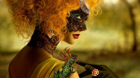 :-) - masquerade, lizard, girl, glove, frumusete, fantasy, redhead, hand, mask, ring, luminos