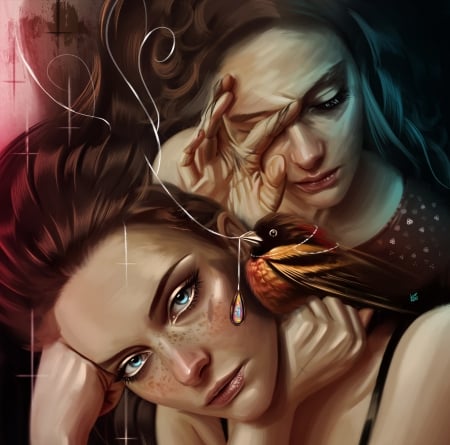 Tears - yasar vurdem, portrait, fantasy, bird, girl, couple, tears, art