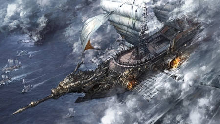 Fantastic ship - sky, ship, grey, cloud, dragon, fantasy