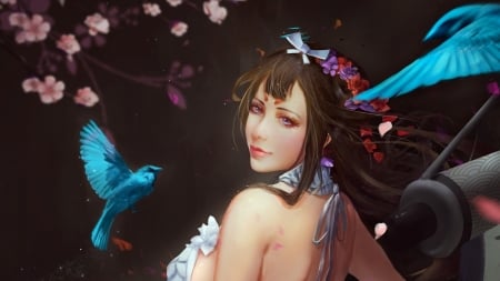 Onmyouji - flower, onmyouji, pink, bird, spring, girl, frumusete, blue, fantasy, pasari, luminos