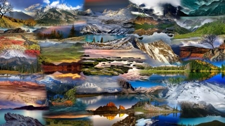 Mountains & Lakes Collage - clouds, trees, Firefox theme, collage, forest, mountains, lakes, sky