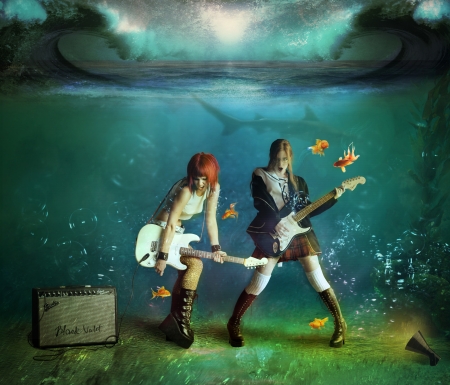 Underwater concert - summer, blue, girl, guitar, fantasy, underwater, fish, couple, vara