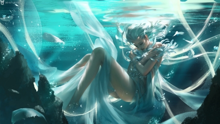 :-) - li miao, fantasy, summer, blue, underwater, girl, vara, luminos