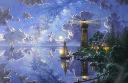 Light of Peace - attractions in dreams, seaside, lighthouses, sky, houses, sailboats, light, summer, moons, nature, oceans, love four seasons, clouds, paintings, sea