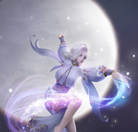 Fantasy girl - moon, blue, girl, magical, pink, frumusete, fantasy, white, luminos, luna