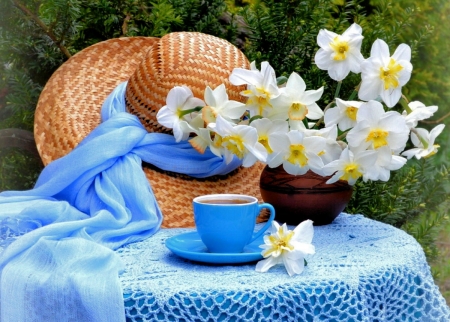 Still Life - hat, flowers, table, daffodils, cup